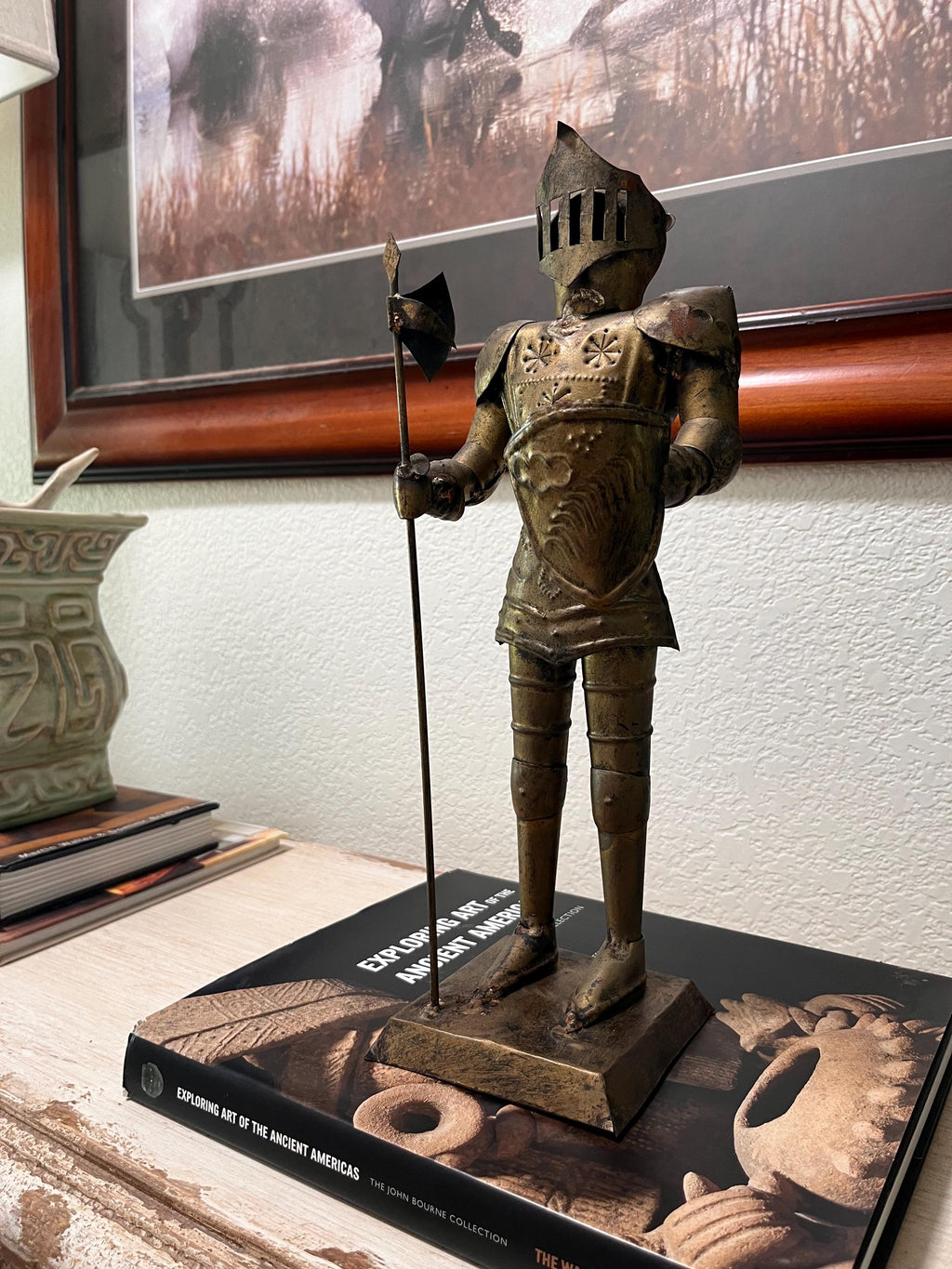 Vintage metal Knight Figurine with Shield, Spear | Medieval Armor Statue, Library Decor