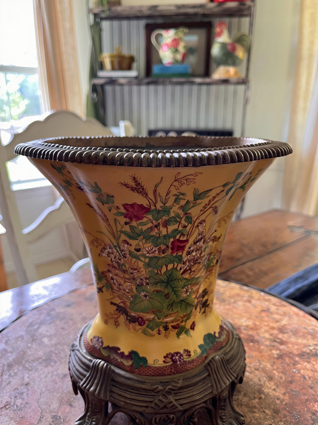 Vintage Floral Cachepot with Ornate Metal Stand | Large Chinoiserie Style Planter or Centerpiece Bowl