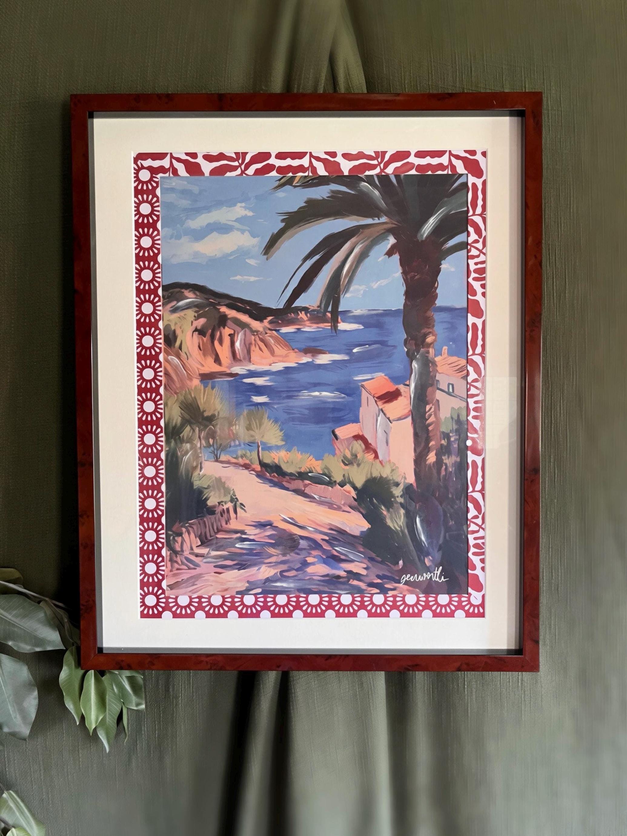Vintage Coastal Landscape Painting | Newly Framed | Original Decorative Mat | palm beach decor