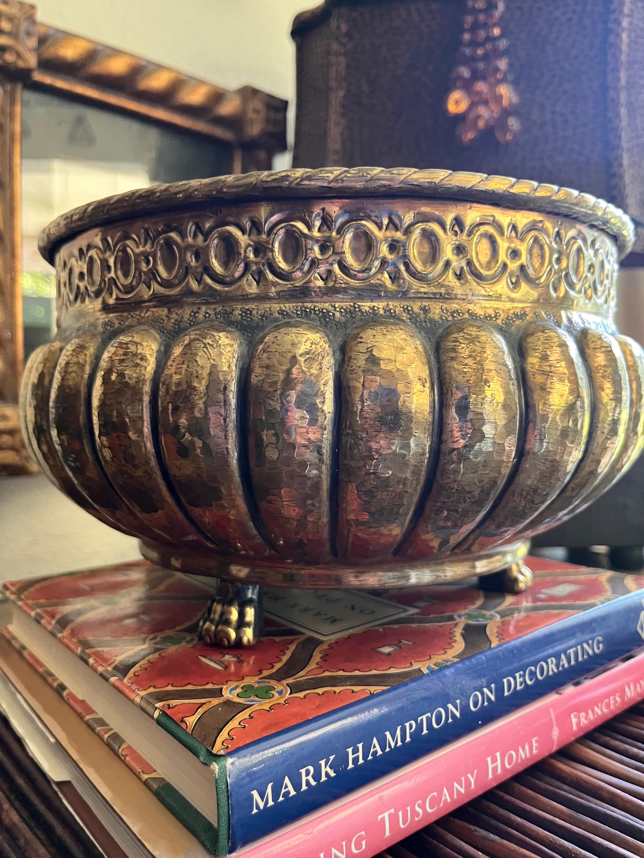 Vintage Made in Italy Hammered Brass plated Planter Bowl with Claw Feet
