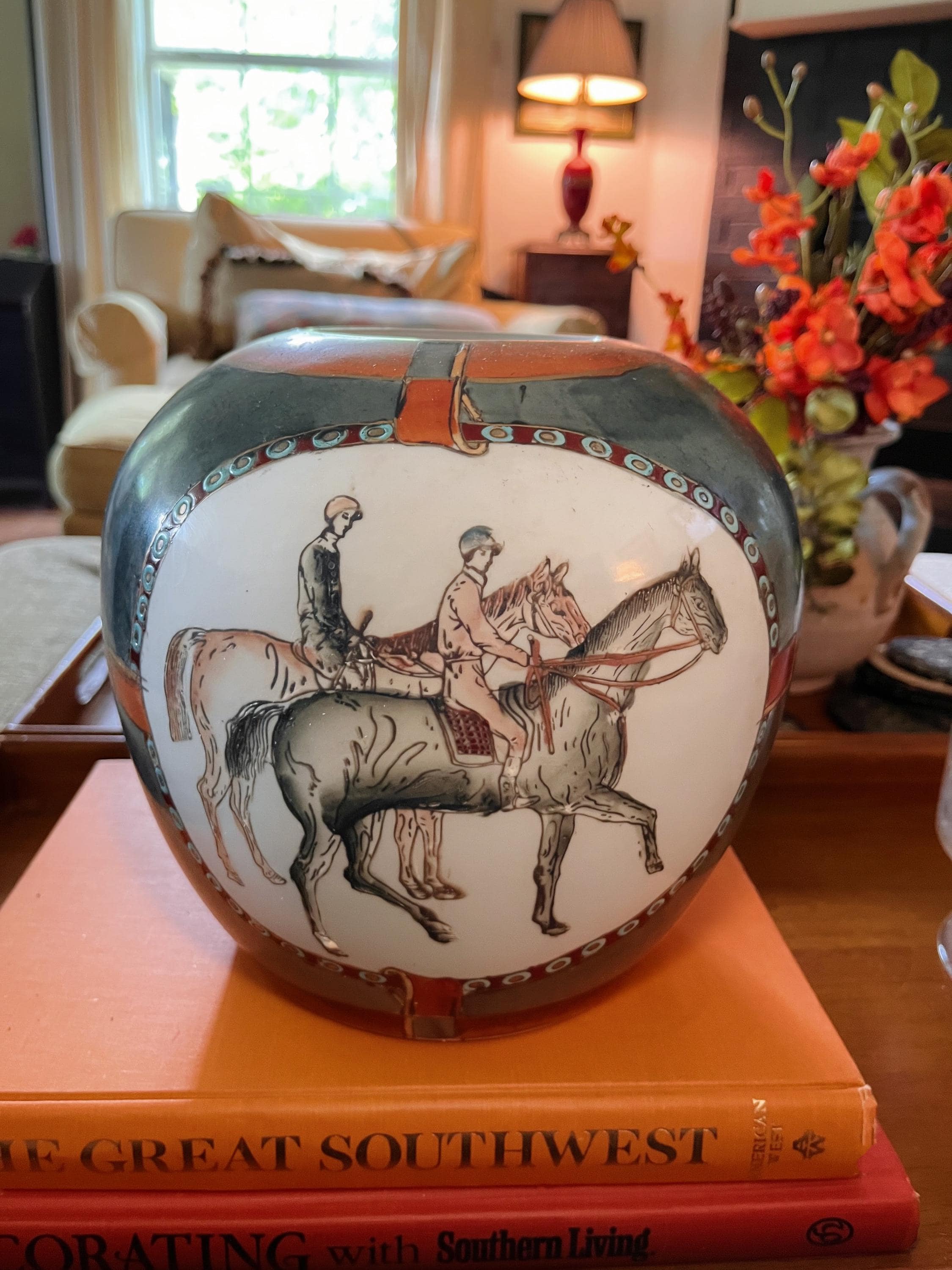 Vintage Equestrian Art Pottery Vase | Blue-Green Glaze Horse Rider Scene