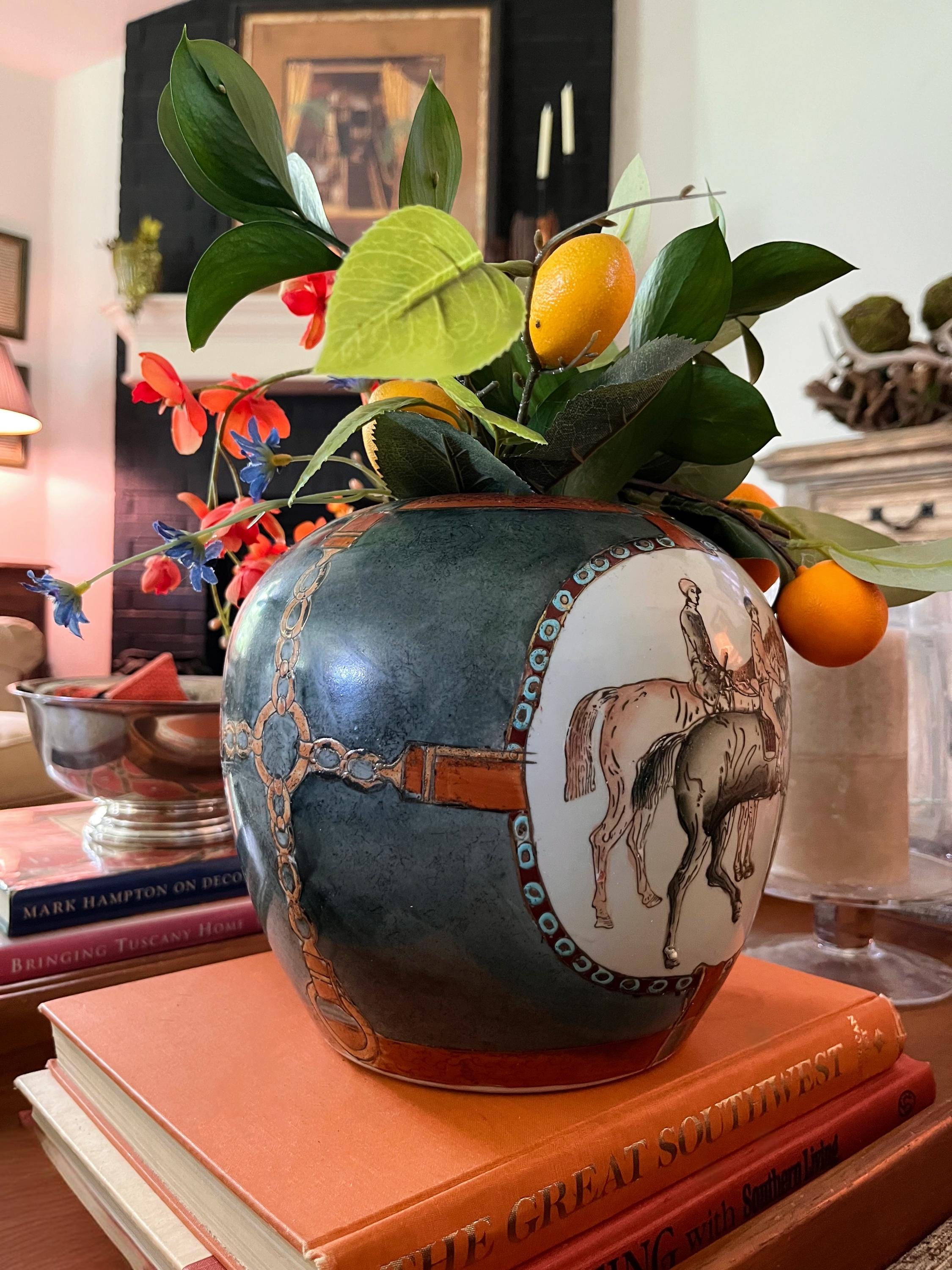 Vintage Equestrian Art Pottery Vase | Blue-Green Glaze Horse Rider Scene