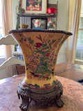 Vintage Floral Cachepot with Ornate Metal Stand | Large Chinoiserie Style Planter or Centerpiece Bowl