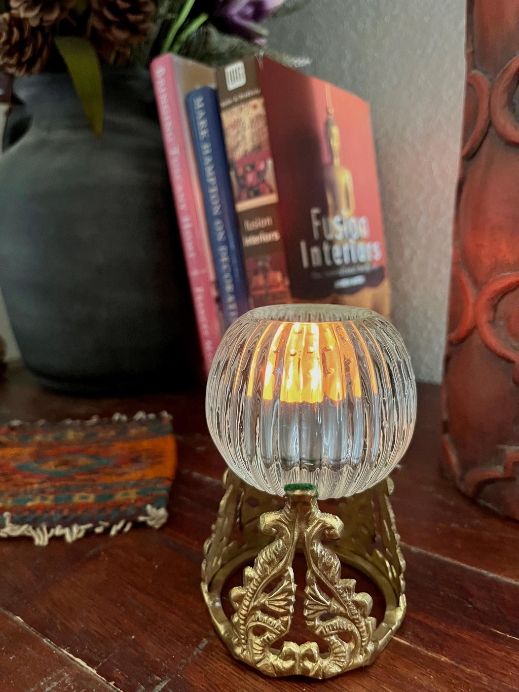 Vintage Brass & Ribbed Glass Votive Candle Holder | Tealight Holder | Cottage | Moody Decor | Collected Home