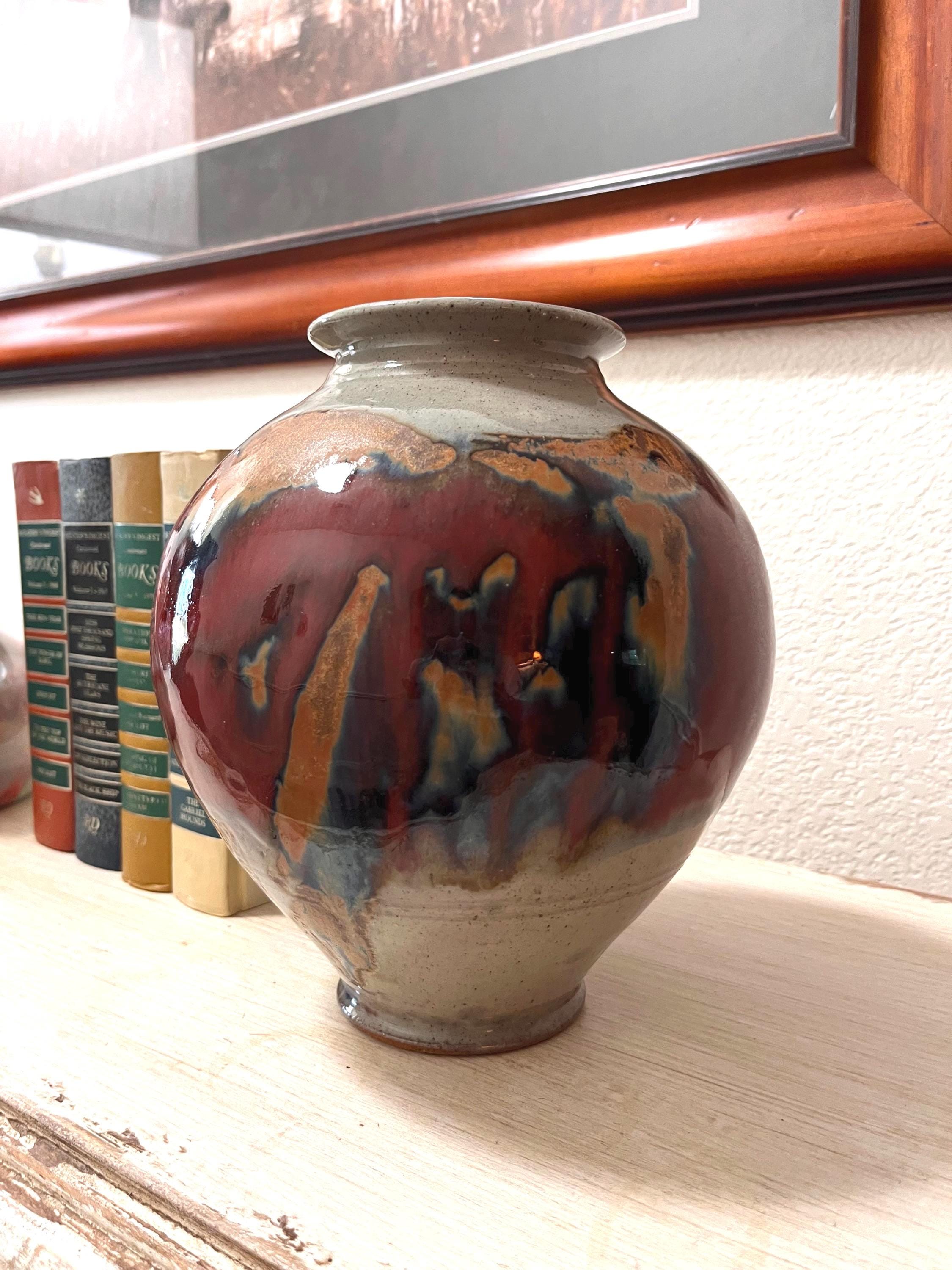 Signed Hand-Thrown Stoneware Vase | Earth Tone Drip Glaze Ceramic Home Decor