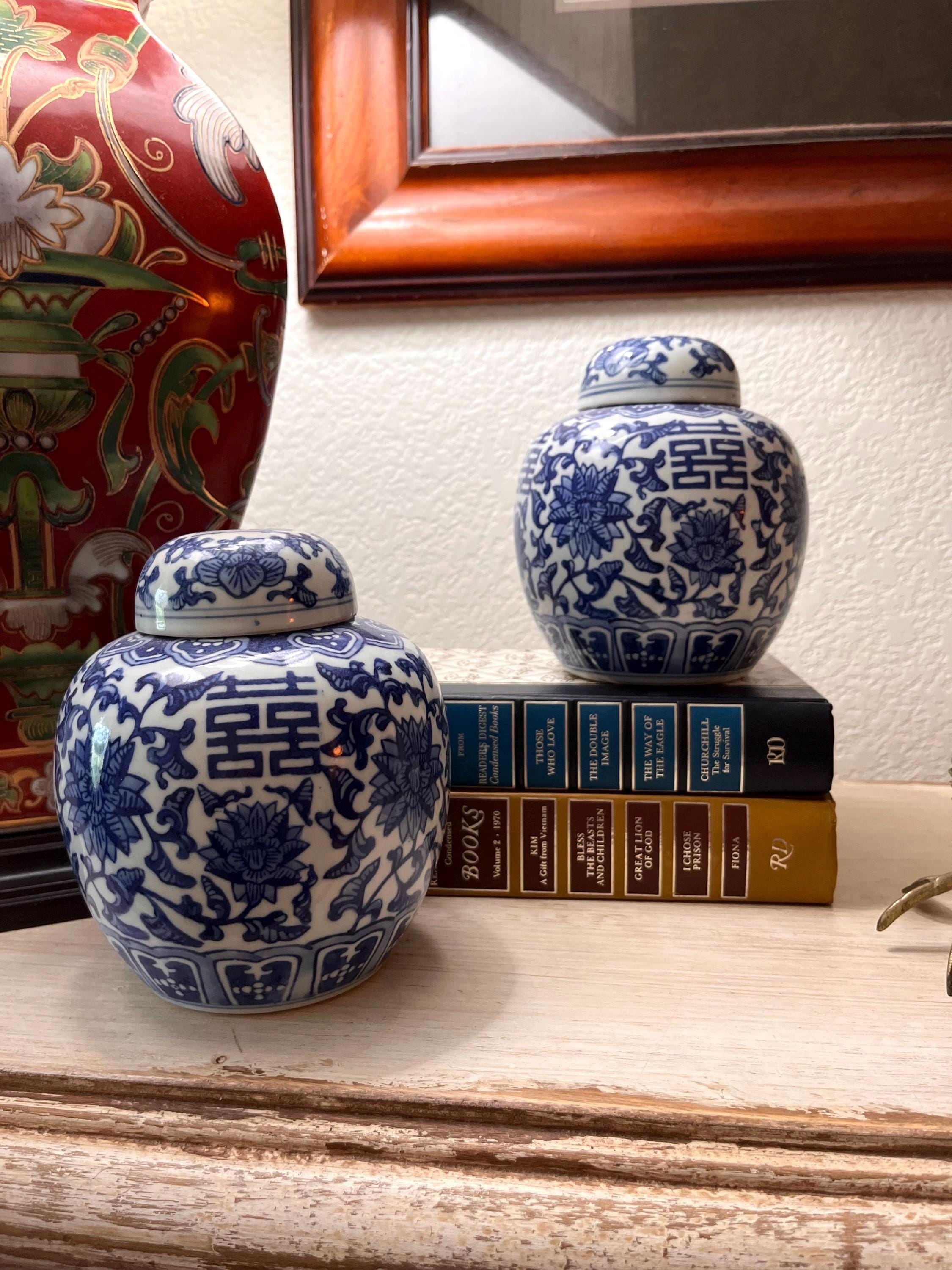 Blue White Porcelain Ginger Jars | Chinoiserie Floral Temple Lidded Pair