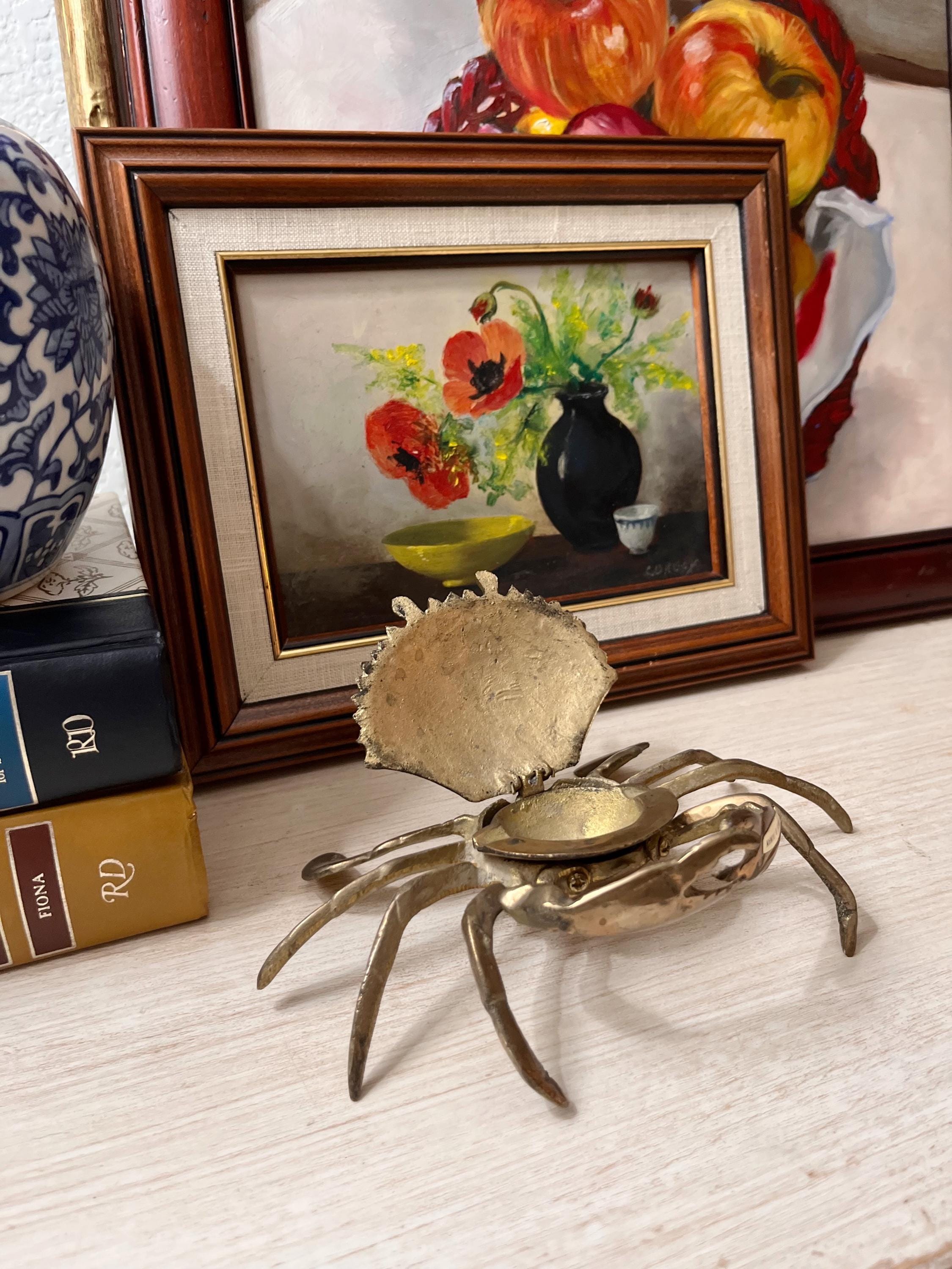 Vintage Solid Brass Crab Trinket Box | Hinged Coastal Jewelry Holder, Ashtray