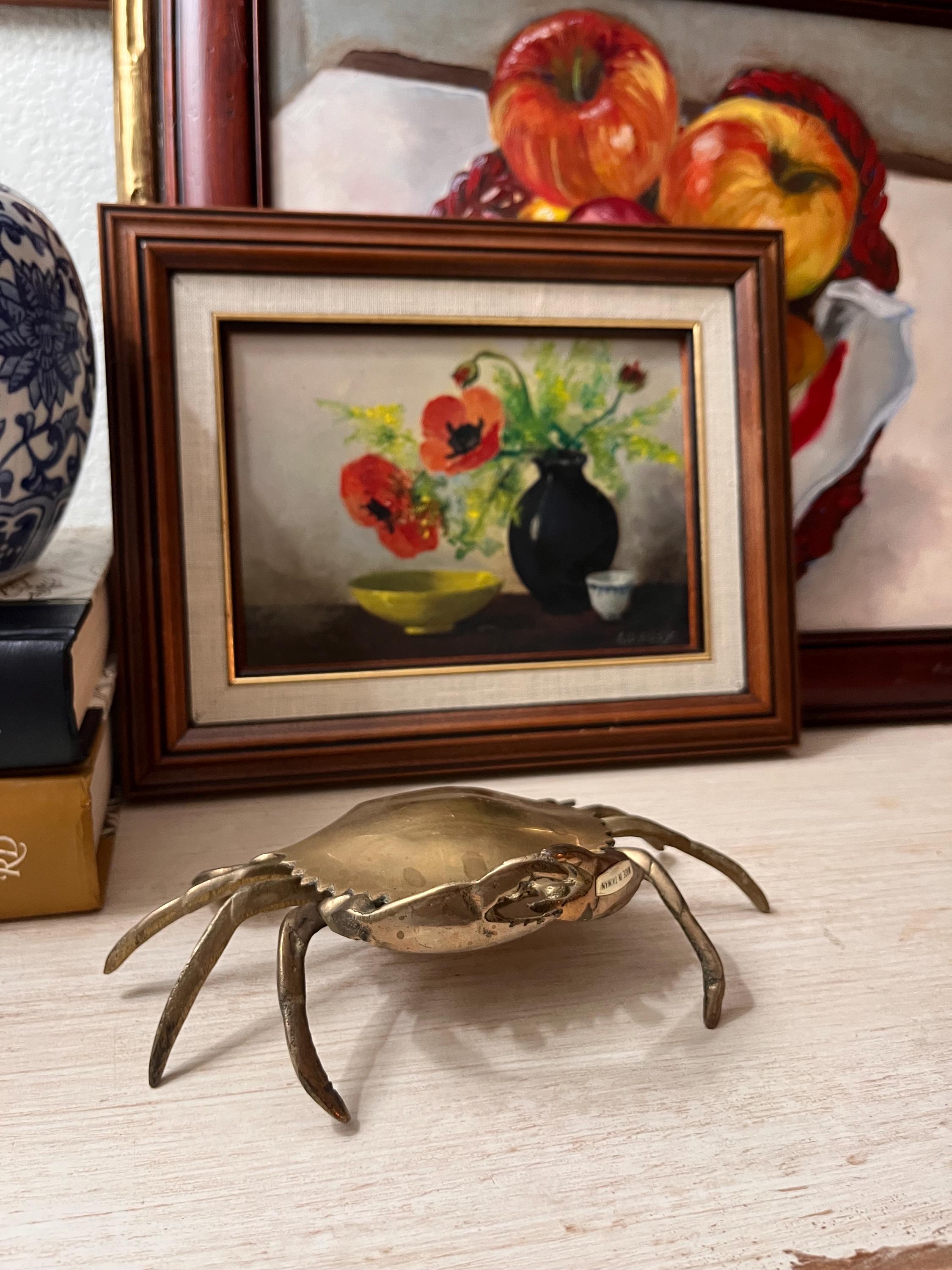 Vintage Solid Brass Crab Trinket Box | Hinged Coastal Jewelry Holder, Ashtray