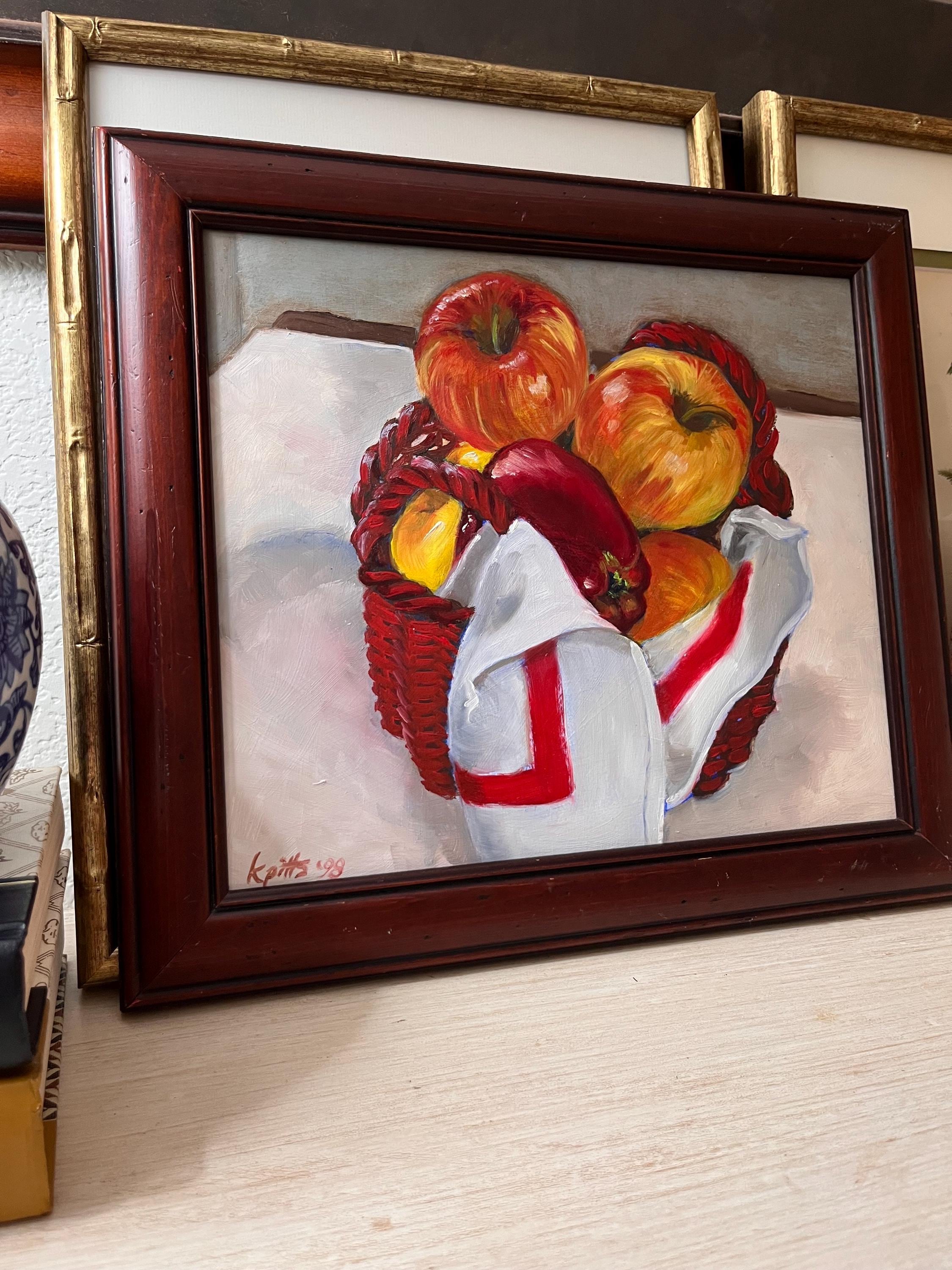 Original Signed Oil Painting, Fruit Basket Artwork, Vintage Kitchen Wall Art (15x13)