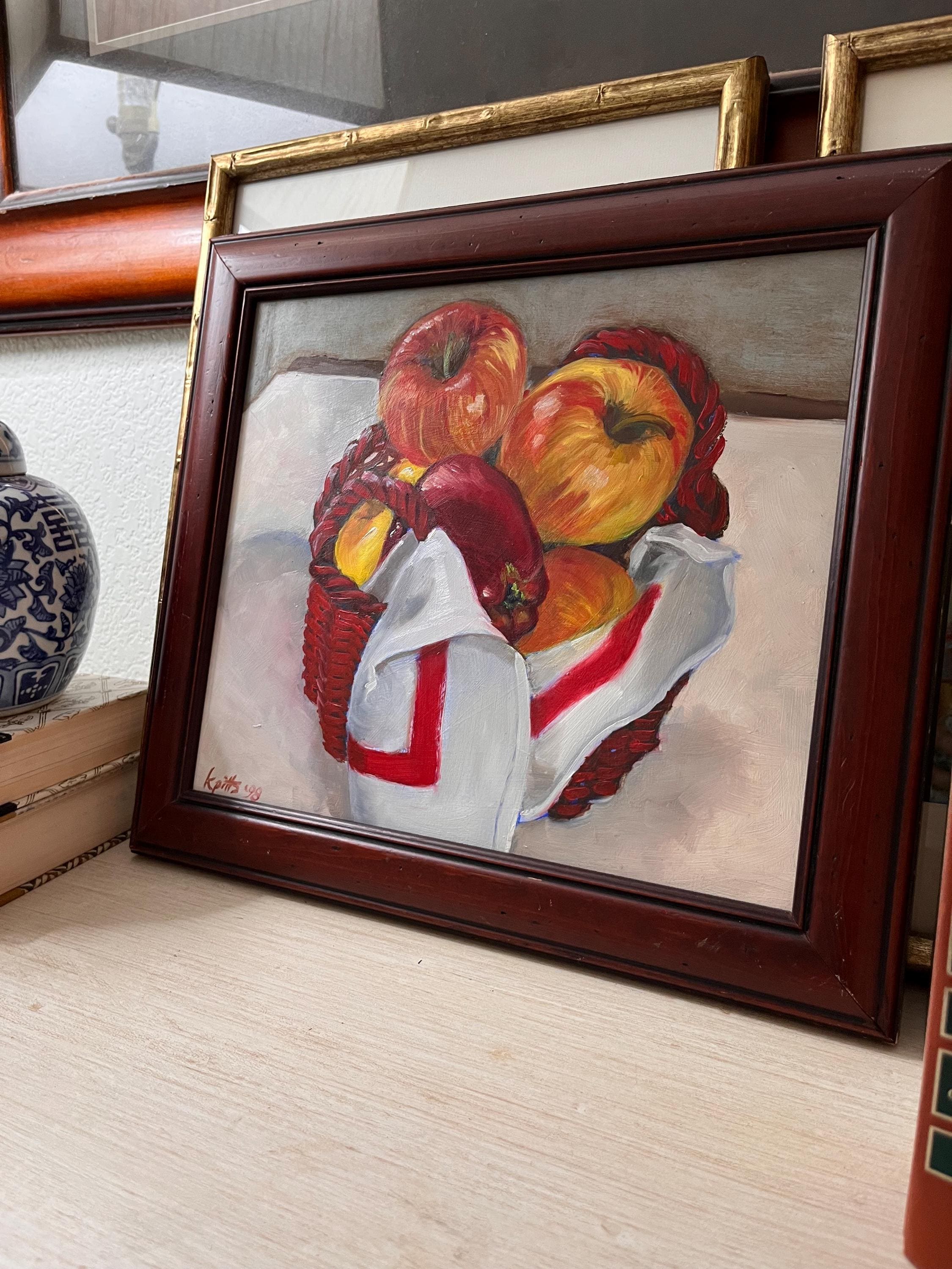 Original Signed Oil Painting, Fruit Basket Artwork, Vintage Kitchen Wall Art (15x13)