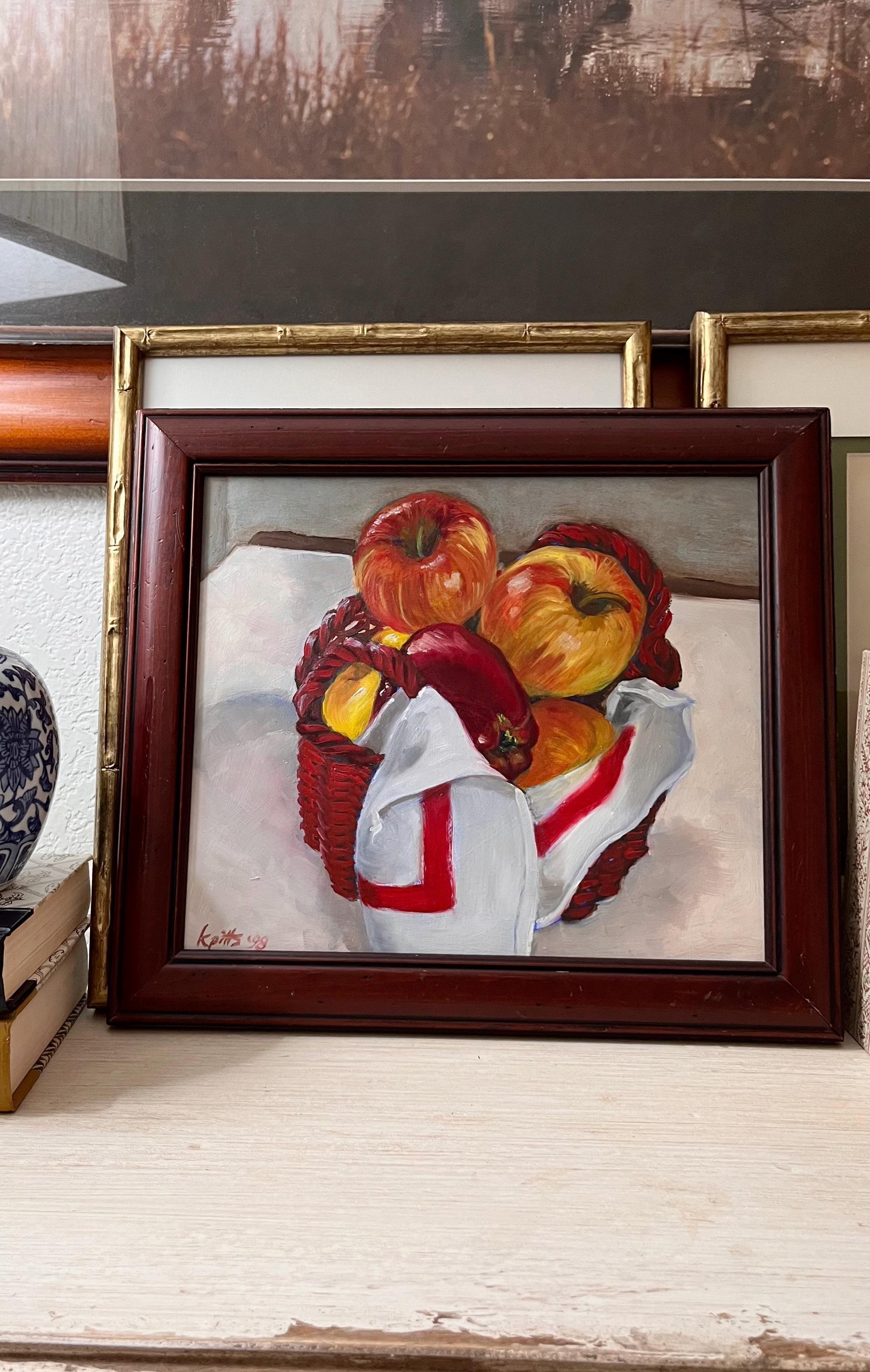 Original Signed Oil Painting, Fruit Basket Artwork, Vintage Kitchen Wall Art (15x13)