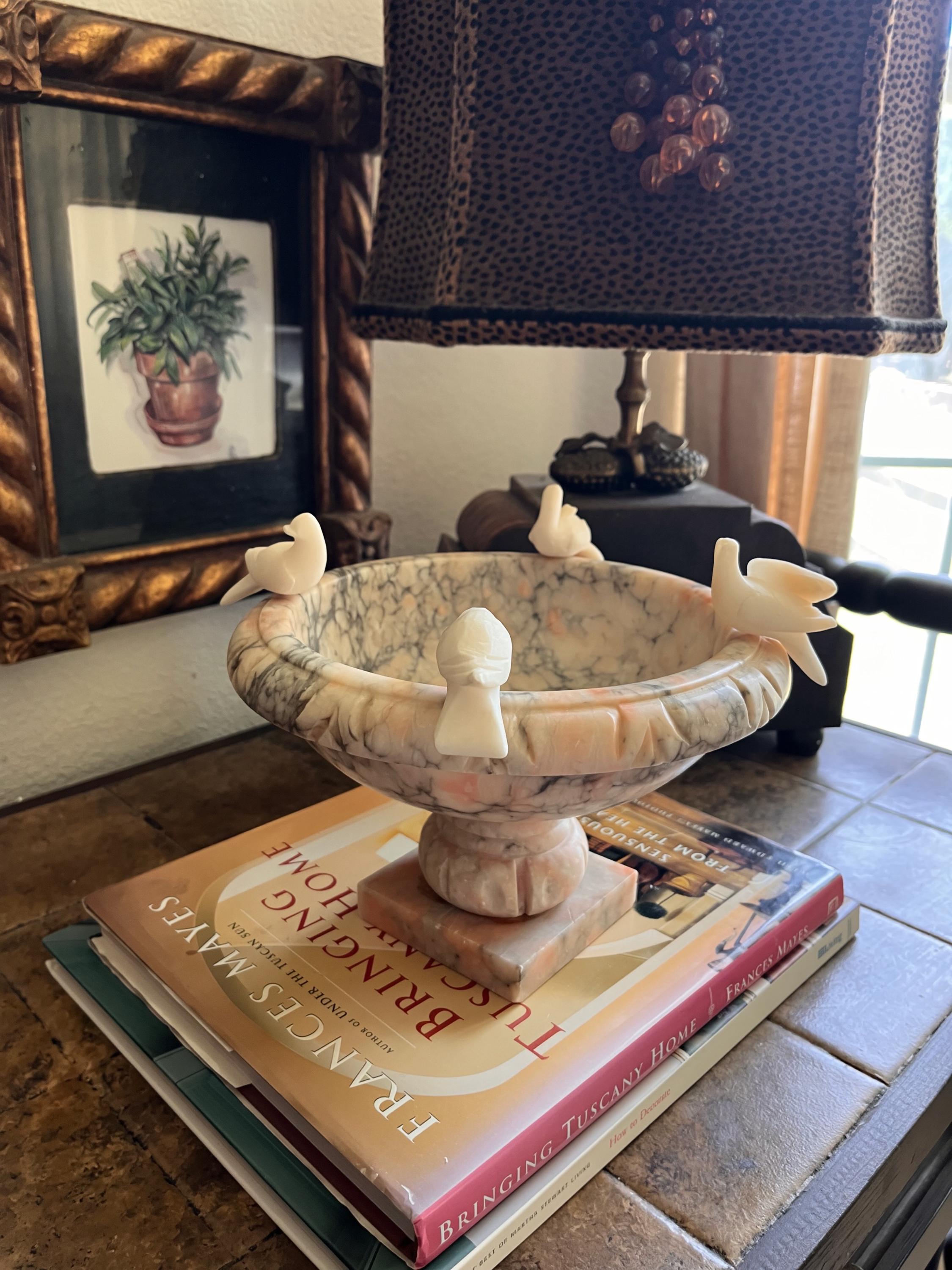 Vintage Alabaster Bird Bath Centerpiece | Removable Alabaster Birds | Italian Style Decor