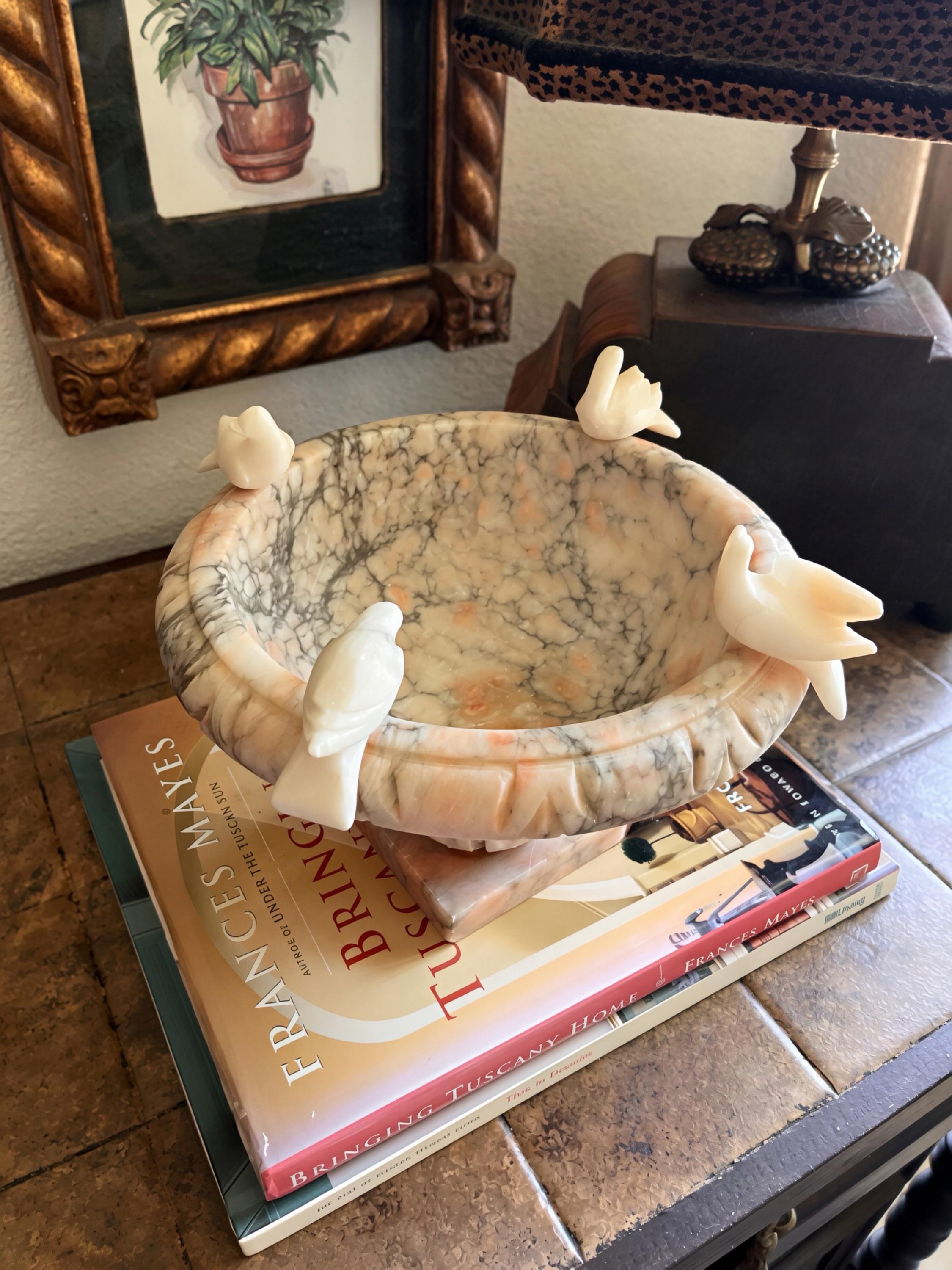 Vintage Alabaster Bird Bath Centerpiece | Removable Alabaster Birds | Italian Style Decor