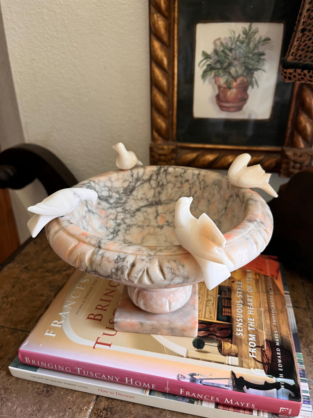 Vintage Alabaster Bird Bath Centerpiece | Removable Alabaster Birds | Italian Style Decor