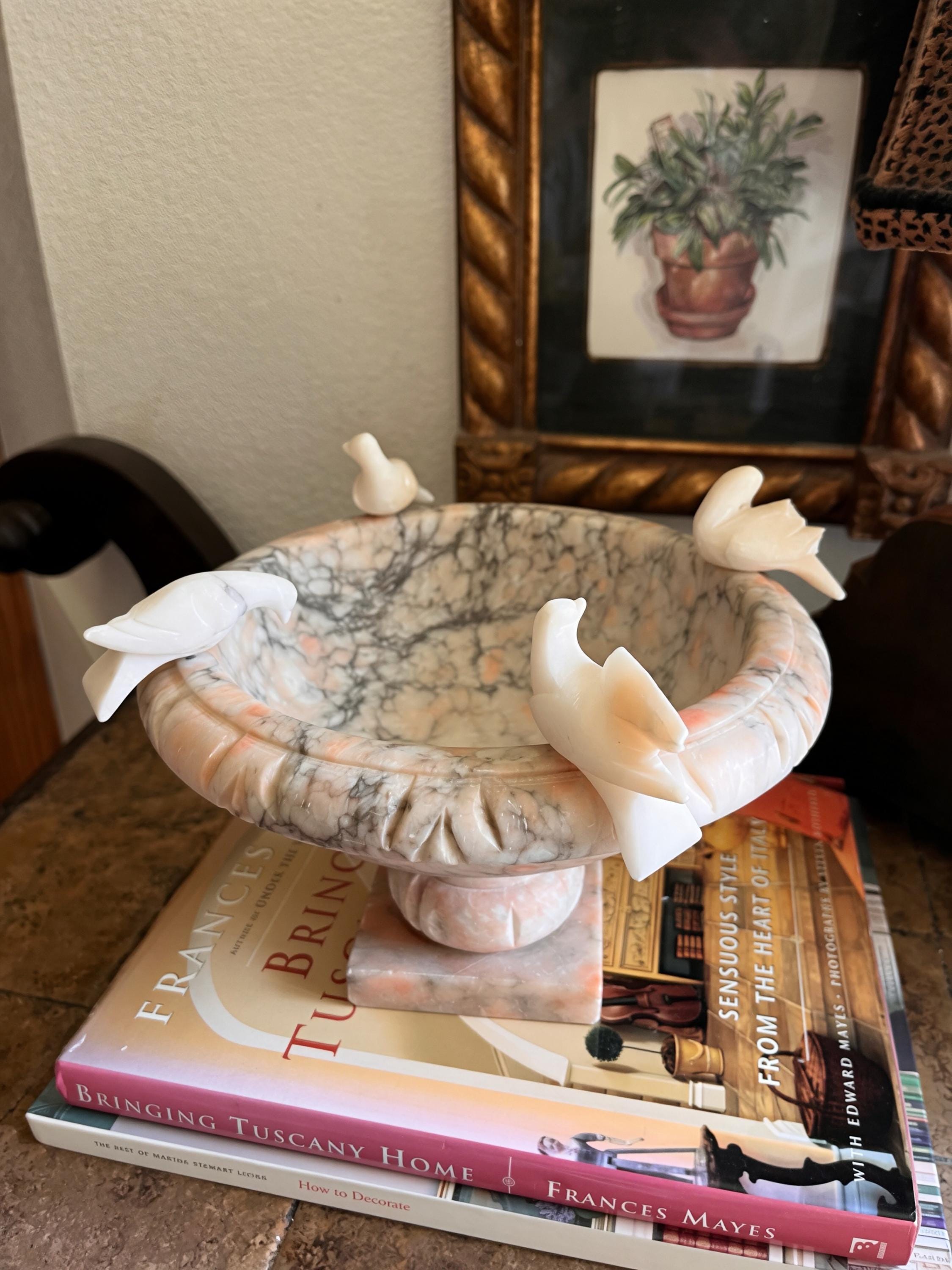 Vintage Alabaster Bird Bath Centerpiece | Removable Alabaster Birds | Italian Style Decor