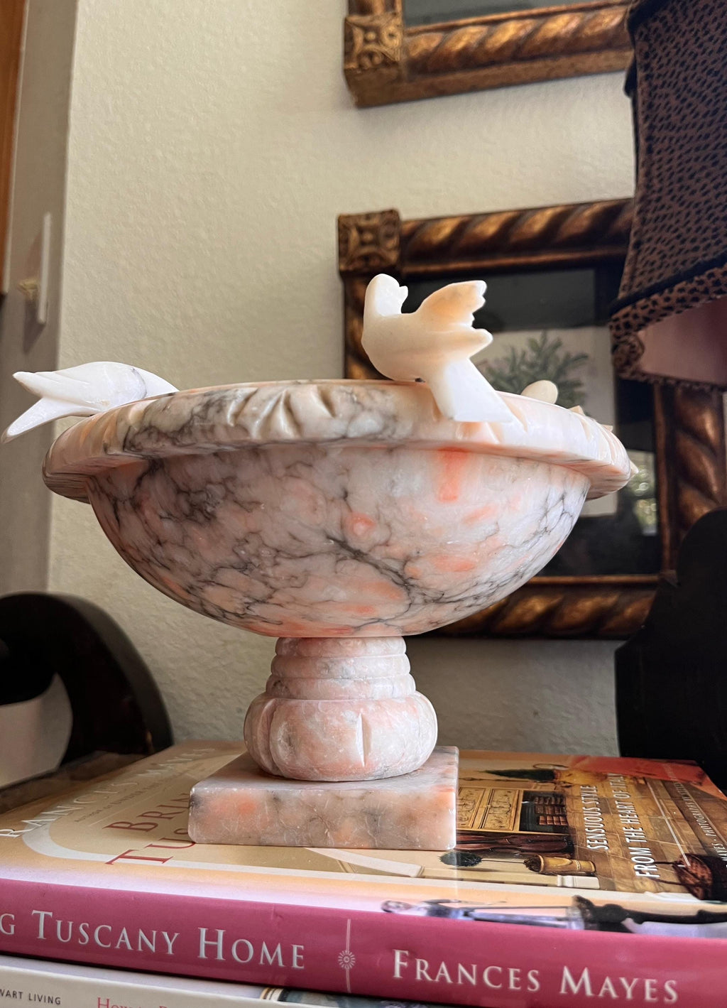 Vintage Alabaster Bird Bath Centerpiece | Removable Alabaster Birds | Italian Style Decor