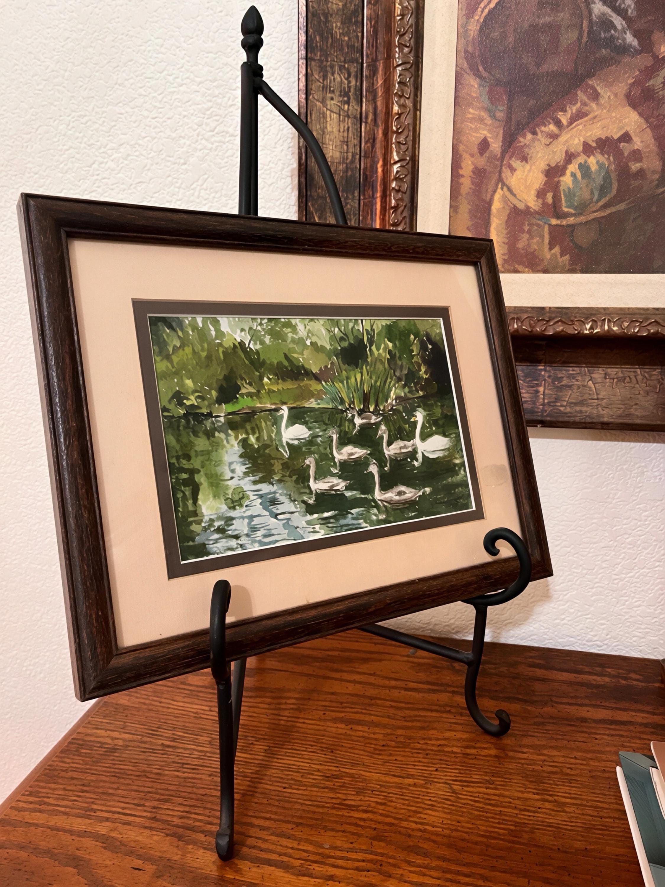 Vintage Swan Family Watercolor Print | Dark Wood Framed Lake Scene Artwork