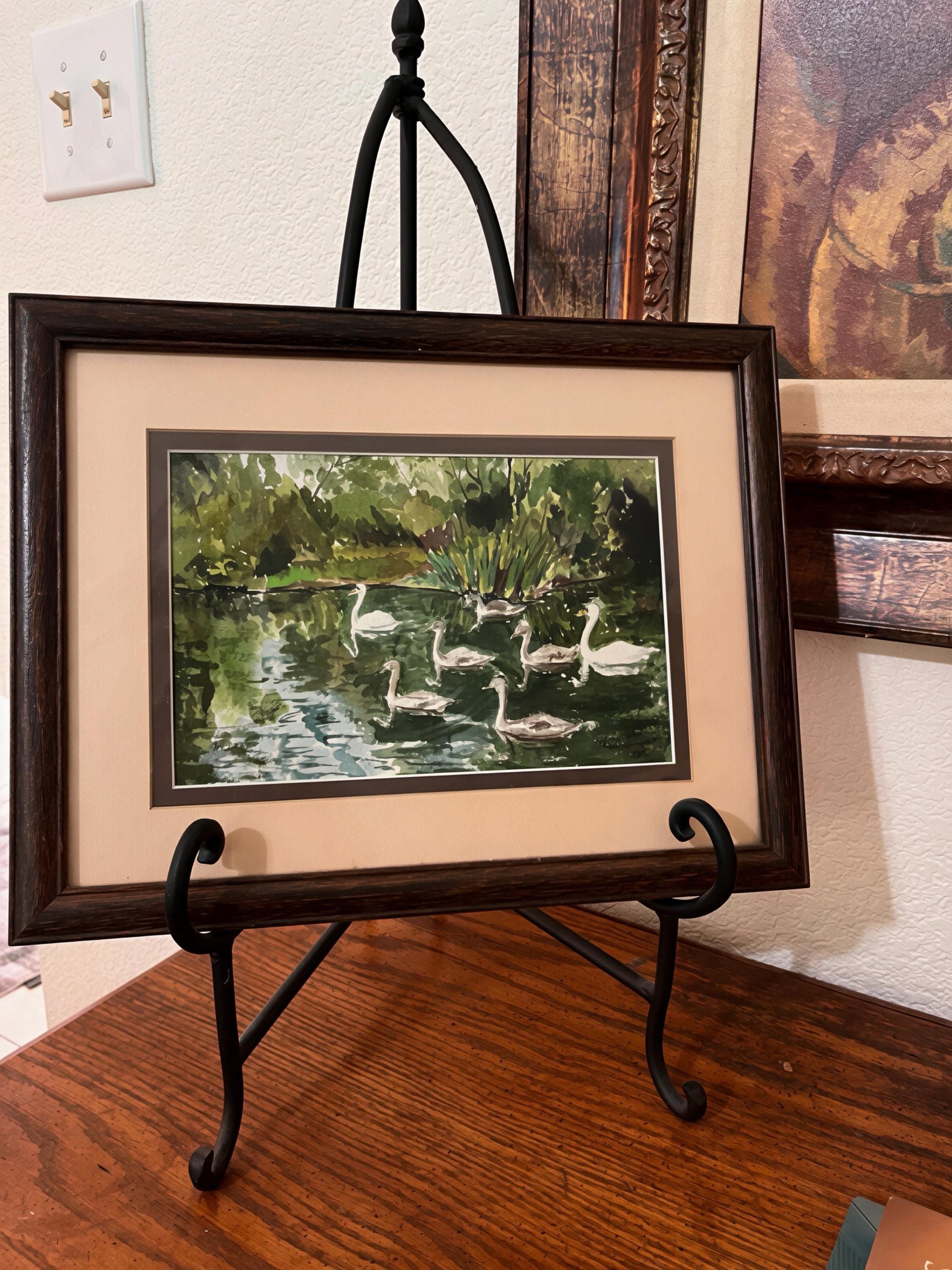 Vintage Swan Family Watercolor Print | Dark Wood Framed Lake Scene Artwork