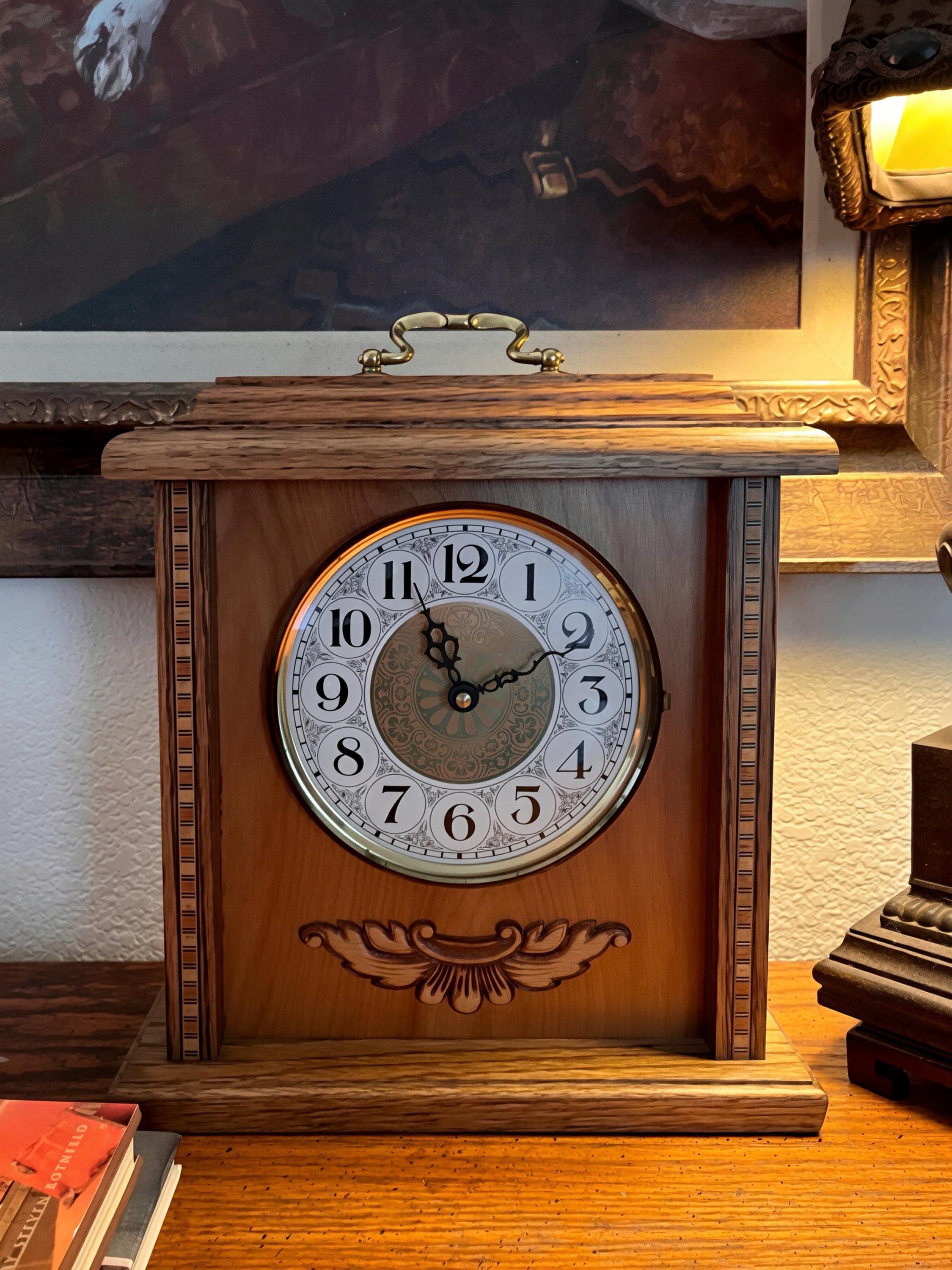 Vintage Oak Mantel Clock | Carved Detailing, Brass Handle, Cottage Decor