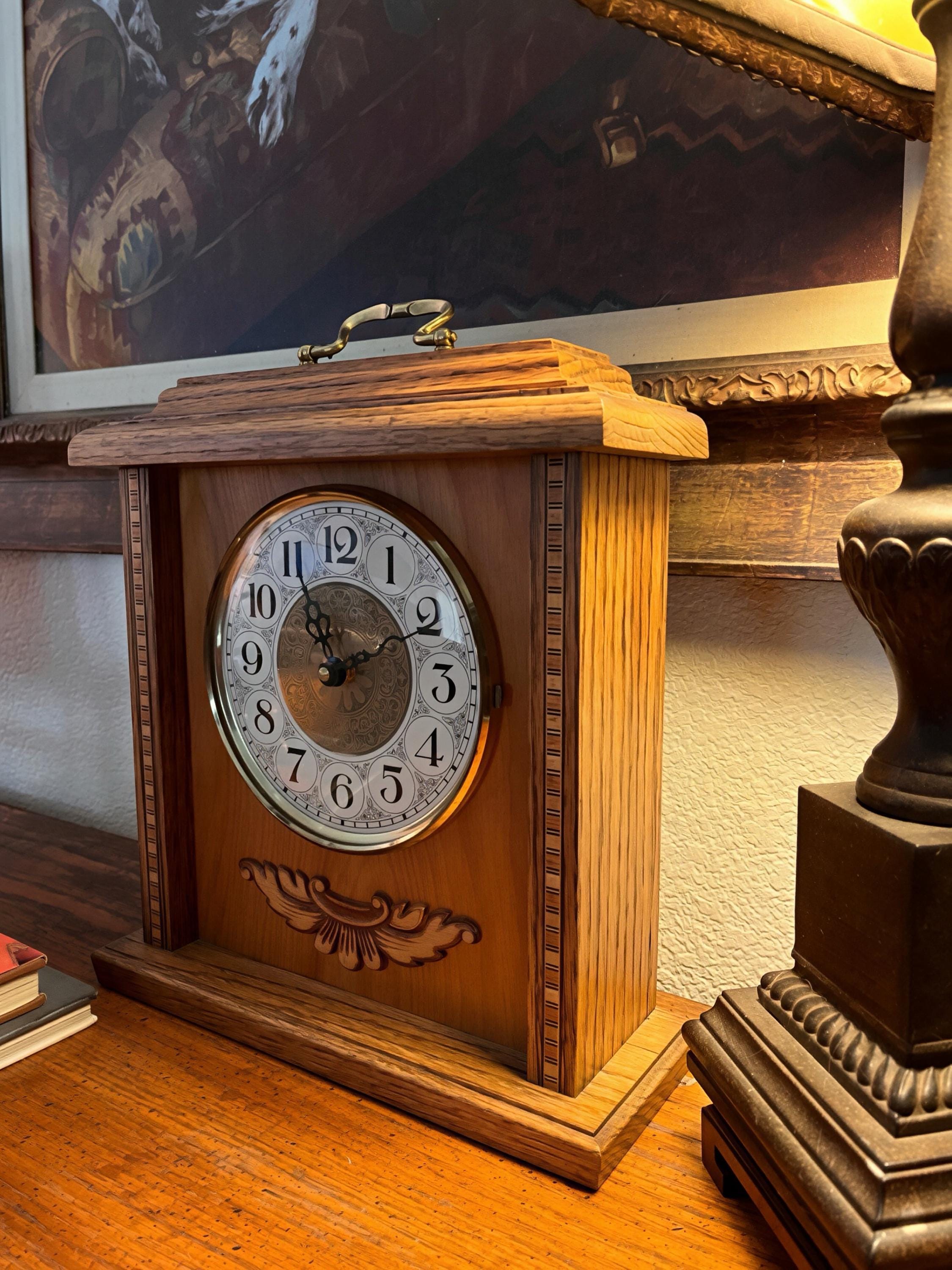 Vintage Oak Mantel Clock | Carved Detailing, Brass Handle, Cottage Decor